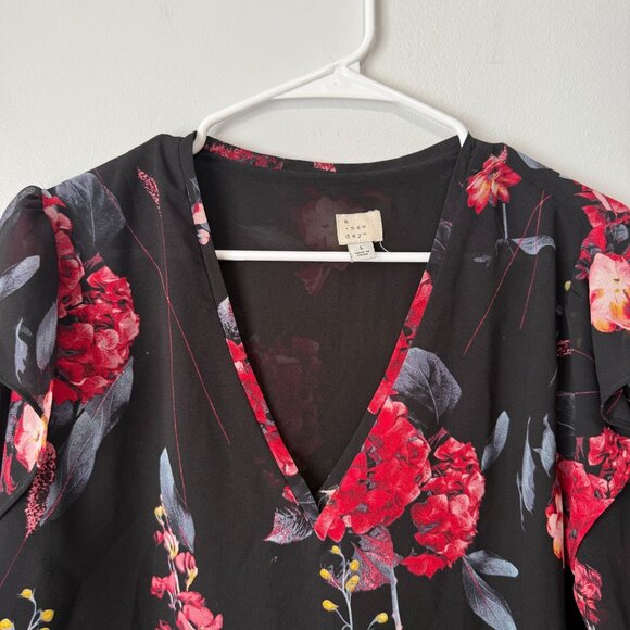 Floral V-Neck Chiffon Blouse A New Day L Black Red Pink Floral Print Long Sleeve - Picture 5 of 9
